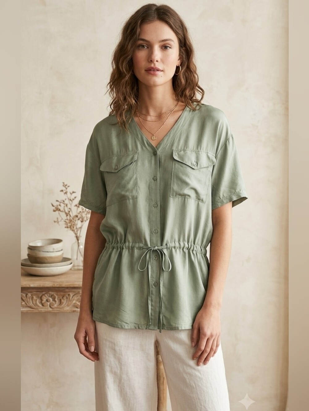 Vintage Romantique 100% Silk Short Sleeve Blouse Sage Green Drawstring small